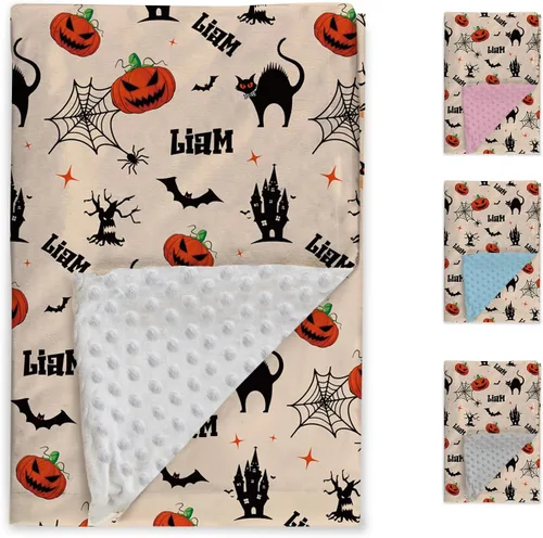 Miniatura 2 de Manta de Halloween personalizada, diseños de dibujos animados con nombre personalizable, manta de franela de felpa suave con respaldo punteado