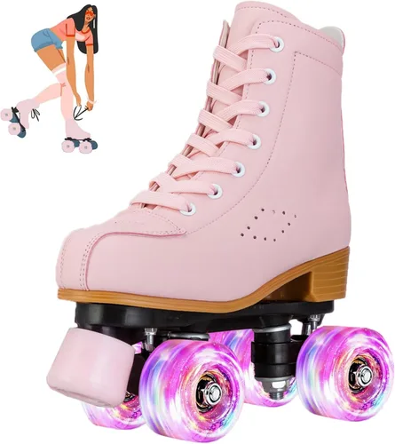jessie Patines de ruedas para niñas y mujeres, patines de piel sintética iluminados para niños, lindos patines ajustables de cuatro ruedas para