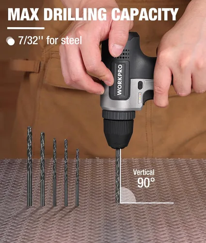Miniatura 4 de WORKPRO Juego de taladro inalámbrico de 8 V, taladro eléctrico de 2 Ah con portabrocas sin llave de 3/8 pulgadas, 15 puntas, carga tipo C, LED