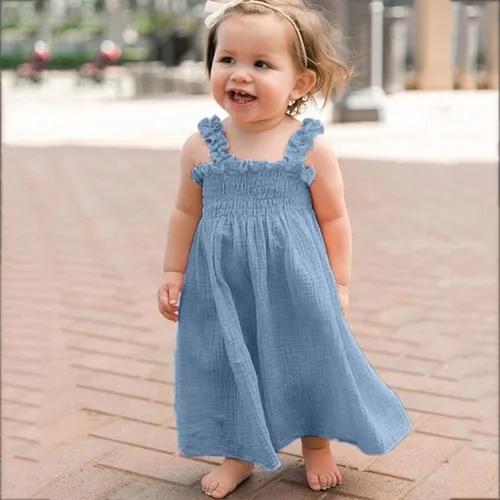 Miniatura 2 de Vestido de lino de algodón sólido sin mangas con tirantes de playa para niñas pequeñas (azul claro, 18-24 meses)