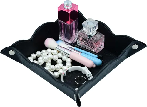 Bandeja de almacenamiento de cuero, organizador de monedas de joyería para reloj, bandeja de aparador para hombres (negro)