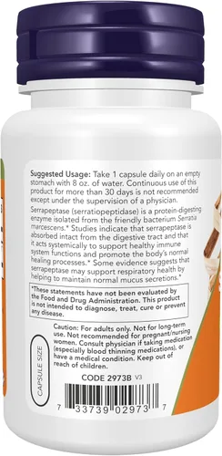 Miniatura 3 de NOW Foods Suplementos, Serrapeptasa 60,000 Unidades de Actividad, Promueve la Salud Respiratoria y la Función Inmune*, 60 Cápsulas Vegetales