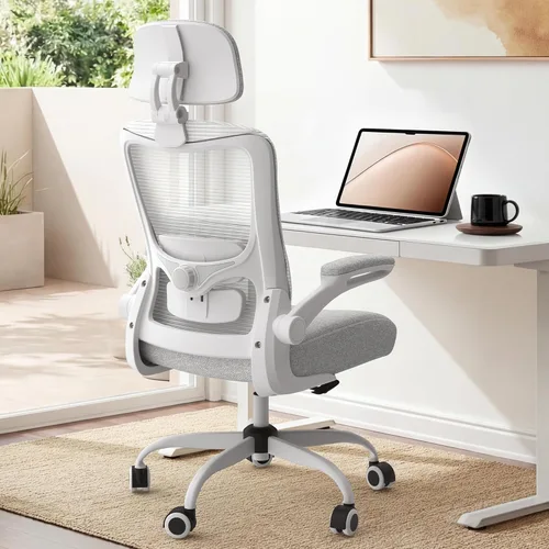 Silla de oficina ergonómica, silla de oficina de malla de respaldo alto con soporte lumbar ajustable, reposabrazos abatibles, silla giratoria de