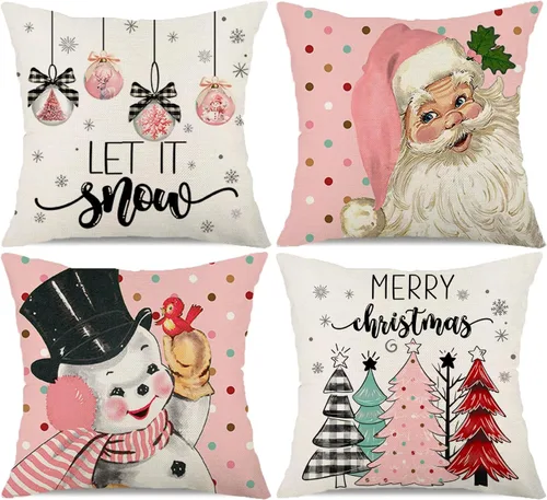 Miniatura 9 de Juego de 4 fundas de almohada decorativas de Navidad de 18 x 18 pulgadas, diseño de rayas rojas, Papá Noel, muñeco de nieve, copo de nieve, árbol