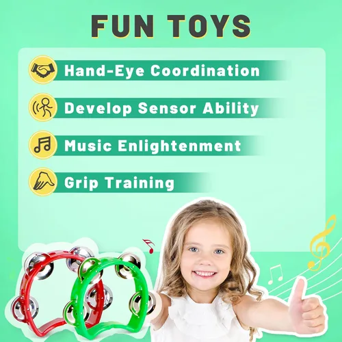 Miniatura 4 de Pandereta para niños, 2 unidades, instrumentos musicales para niños pequeños a partir de 3 años con 4 jingles de metal, certificado ASTM, no tóxico