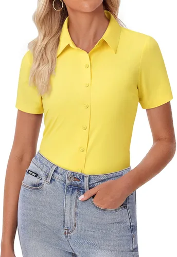 Miniatura 14 de siliteelon Camisa de vestir con botones para mujer, ajustada, elástica, de manga corta, sin arrugas, sólida, formal, para el trabajo