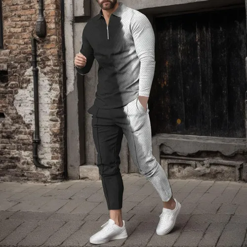 Miniatura 4 de Conjunto deportivo de 2 piezas para hombre, con cremallera, camiseta polo y pantalones a rayas, informal, para gimnasio, atletismo, ropa deportiva