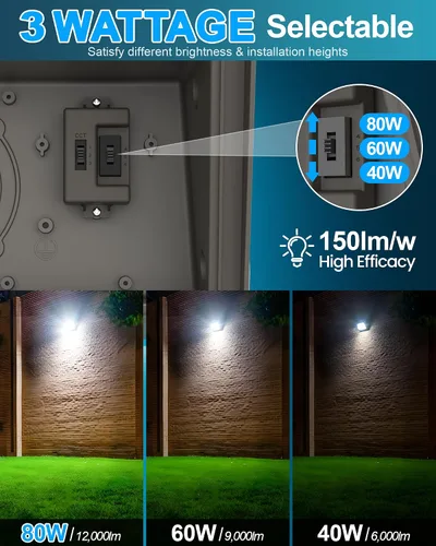 Miniatura 2 de AKK Paquete de luz LED de pared de 80 W, 60 W, 40 W, con fotocélula, 12000 lúmenes, 150 lm/W, 3 vatios y 3 CCT seleccionables