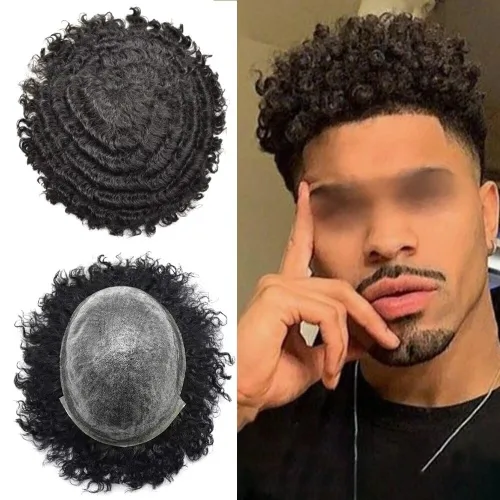 Miniatura 15 de Afro Toupee para hombres negros, rizado afro ondulado, postizo masculino, piel fina, PU negro, para hombre, tupé, reemplazo de cabello humano