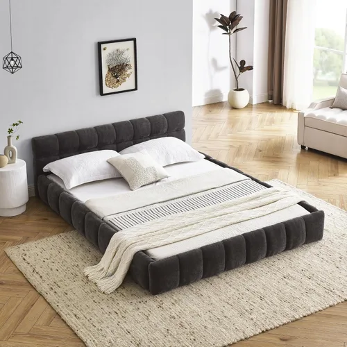 Miniatura 20 de Base de cama tapizada tamaño California King con tela de felpilla gruesa, cama de plataforma con cabecero copetudo, marco de madera maciza, diseño
