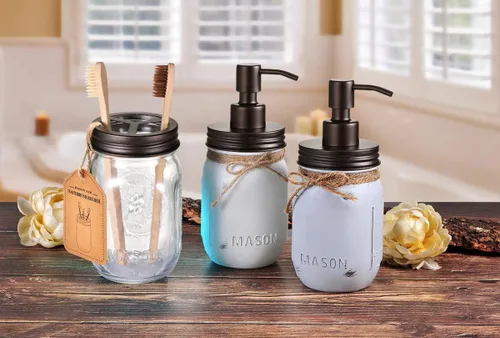 Miniatura 4 de Mason Jar - Soporte para cepillos de dientes – Bronce – con vidrio genuino de 16 onzas Mason Jar para tarro Mason de boca regular, acero inoxidable