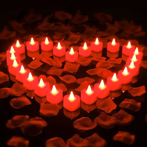 Miniatura 9 de Honoson 1000 pétalos de rosa artificiales con 24 velas LED en forma de corazón sin llama, velas especiales románticas para decoración nocturna