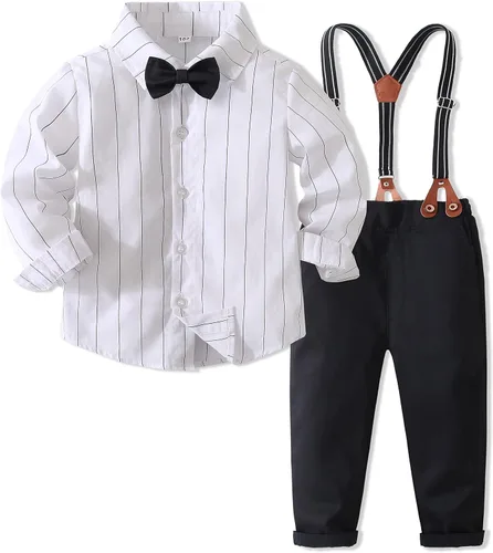 Miniatura 2 de Conjunto de 2 piezas para bebé, caballero blanco y negro con corbatín y pantalones para bebé, conjunto formal con tirantes