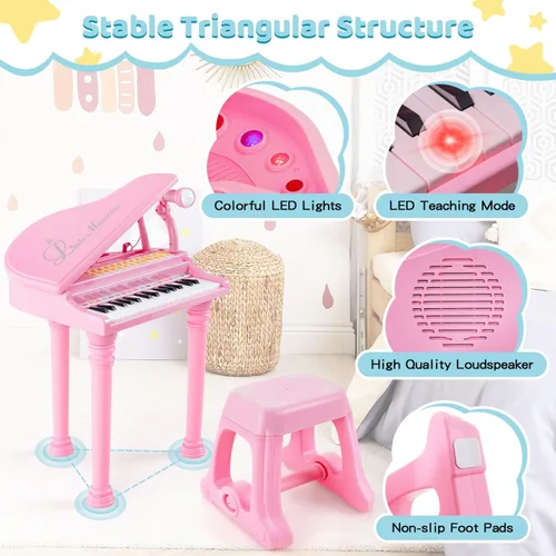 Miniatura 4 de Costzon Piano para niños, mini teclado de juguete de piano de cola de 31 teclas con micrófono, taburete y luces, piano electrónico portátil, juguete