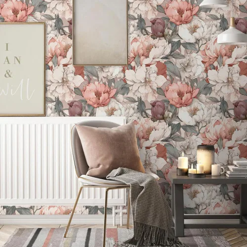 Miniatura 3 de Papel Tapiz Floral Vintage de Peonías Rosa Soñador/Blanco Despegar y Pegar Papel de Contacto Fácil de Despegar Papel Adhesivo Adherible para Pared