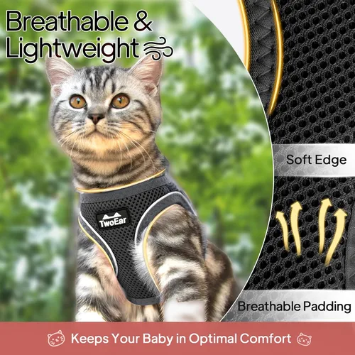 Miniatura 3 de TwoEar Arnés de gato a prueba de escape, suave chaleco ajustable para perro, de malla transpirable, chaqueta reflectante de fácil control para Negro