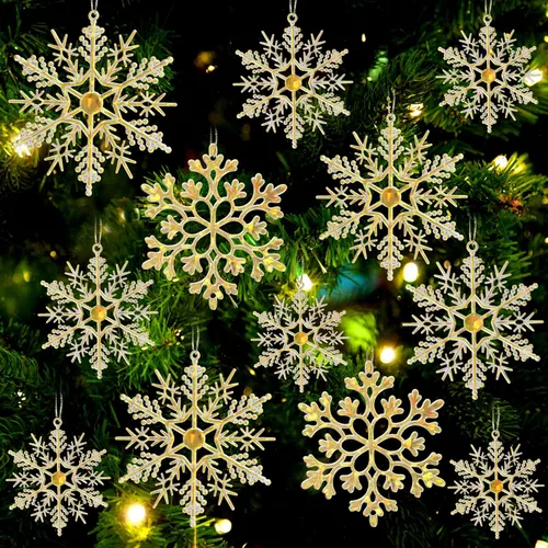 Miniatura 18 de Decoraciones para árbol de Navidad, adornos de copo de nieve, 36 piezas de copos de nieve colgantes de plástico con purpurina azul y plateado