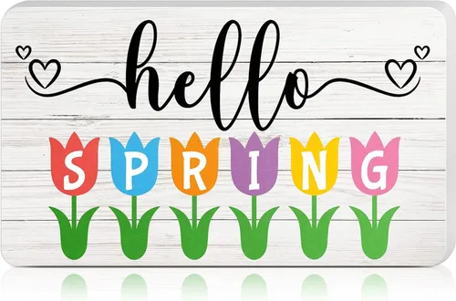 Yalikop Decoración de primavera de 9 x 5.3 pulgadas, letrero de madera de Hello Spring para colgar en la pared de escritorio, tulipán colorido,