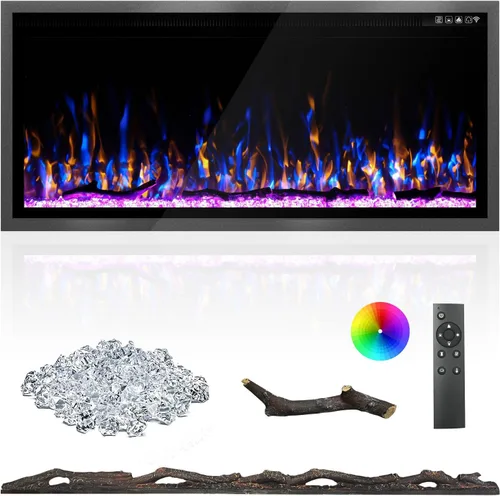 Kucreiheat Chimenea eléctrica de 42 pulgadas, marco de aluminio, chimenea empotrada/montaje en pared, tronco, madera flotante y opción de cristal,