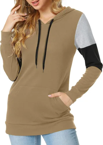 Miniatura 3 de CATHY Sudadera casual con cordón para mujer, manga larga, bloque de color, sudadera con capucha y bolsillo