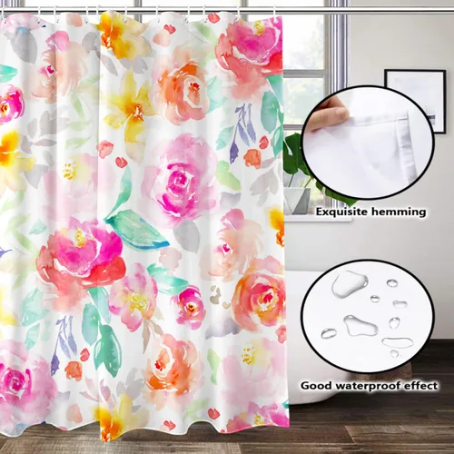 Miniatura 4 de Lovetar Cortina de ducha con diseño de flores de acuarela brillante, diseño femenino, tela impermeable, lavable, juego de cortinas de baño para baño