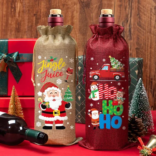 Miniatura 5 de Aoonby 12 piezas de bolsas de vino de arpillera, bolsas de regalo de vino de Navidad para botellas, regalos, bolsa de botella de Navidad con cordón