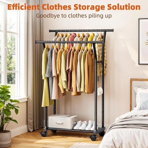 Miniatura 2 de Luxspire Perchero de doble barra para colgar ropa, perchero con ganchos laterales, estantes inferiores, ruedas de 360°, percheros para dormitorio