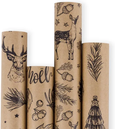 RUSPEPA - Papel para envolver regalos de Navidad, papel kraft café con impresión de elementos navideños negros - 4 rollos de 30 pulgadas x 10 pies