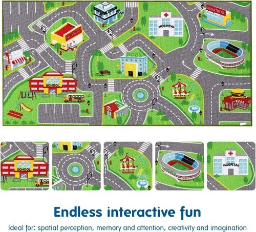 Miniatura 8 de Booooom Jackson Alfombras de coche para niños, autos de juguete de 31 x 59 pulgadas, colorido juego de simulación de ciudad divertida, alfombra