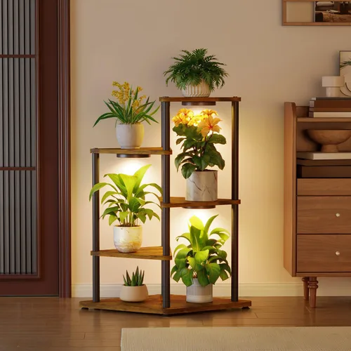 iDavosic.ly Soporte alto para plantas con luces de cultivo para macetas grandes y resistentes, estante de flores de esquina interior de 4 niveles