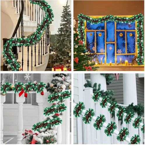 Miniatura 6 de Guirnalda de oropel de copo de nieve de Navidad - Guirnalda metálica gruesa verde de 33 pies para decoración de árbol de Navidad, decoraciones