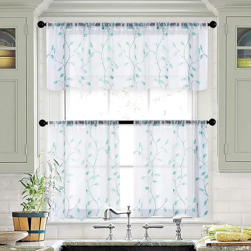 Miniatura 6 de MRTREES Cenefa de cortina transparente de Navidad, 2 paneles de cortinas bordadas con hojas pequeñas de 54 x 16 pulgadas, bolsillo para barra