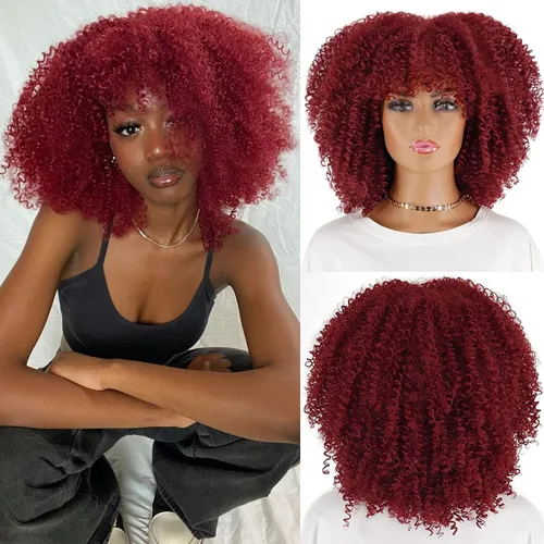 Miniatura 6 de Pelucas rizadas negras para mujeres negras, peluca afro corta negra rizada con flequillo, pelucas sintéticas resistentes al calor, pelucas negras