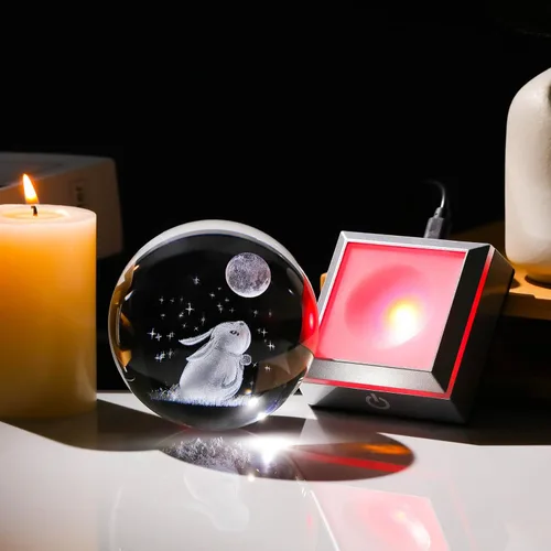 Miniatura 4 de Figura de bola de cristal grabada en 3D de conejo y estrellas de luna de 3.15 pulgadas con base de luz LED, decoración de esfera de conejo