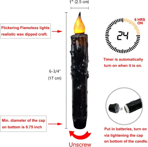 Miniatura 6 de CVHOMEDECO. Velas de cera real sumergidas a mano, funciona con pilas, temporizador, velas cónicas sin llama primitivas del país, 6-3/4 pulgadas