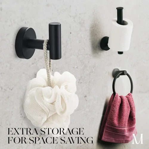 Miniatura 2 de Marmolux Acc - Juego de accesorios de baño de 3 piezas con soporte para papel higiénico negro mate, anillo para toallas y gancho para toallas