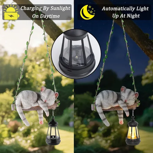 Miniatura 3 de Estatua de jardín con luz solar para exteriores, columpio colgante de 22.6 pulgadas de alto con un gato dormido y una linterna LED, figura de animal