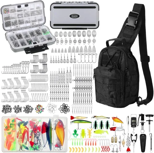 Sosation Kit de equipo de pesca de 482 piezas, caja de aparejos de pesca con aparejos incluidos, mochila, señuelos, ganchos, plomos, herramientas de