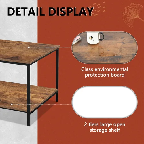Miniatura 4 de SENIG Mesa de café pequeña rectangular marrón de madera y metal con estante de almacenamiento para salas de estar pequeñas