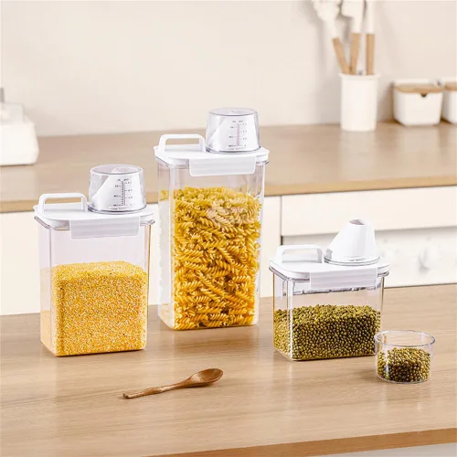 Miniatura 3 de 2 recipientes de almacenamiento dispensadores de arroz, cubo de arroz pequeño de 1.1 L con taza medidora y boquilla de vertido, recipiente hermético