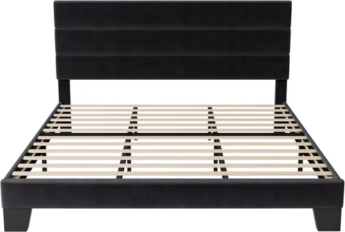 Miniatura 8 de Allewie Base de cama de plataforma tamaño King con cabecera tapizada de terciopelo y soporte de listones de madera, base de colchón totalmente Negro