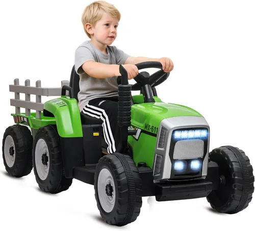 Aosom Tractor de paseo de 12 V con remolque, motores duales de 25 W, tractor eléctrico a batería con control remoto, sonido de arranque de música y