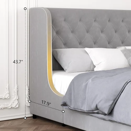 Miniatura 3 de HOMBCK - Marco de cama tamaño completo, base de cama tapizada en plataforma gris con cabecero, terciopelo acolchado, diseño de ala curvada, listones