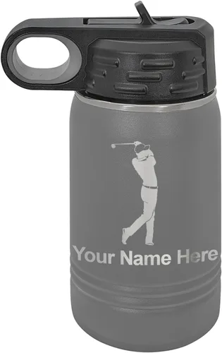 Miniatura 71 de LaserGram Botella de agua personalizada, golfista de golf, acero inoxidable de doble pared aislada al vacío con popote superior, regalo grabado Negro