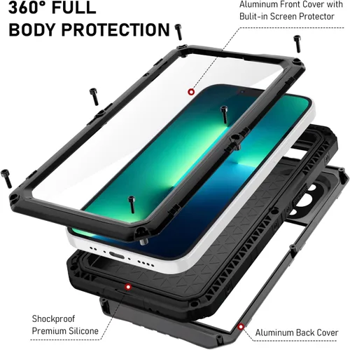 Miniatura 6 de Beasyjoy - Funda impermeable para iPhone 13 Pro, carcasa de metal con protector de pantalla integrado, carcasa protectora de cuerpo completo de Negro