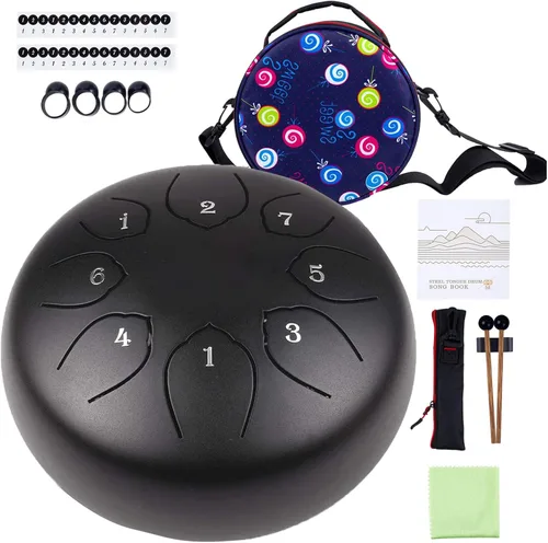 Tambor de lengua de acero para niños: juego de tambores musicales de metal de 6 pulgadas, 8 notas, tecla C para meditación, yoga, educación, Negro