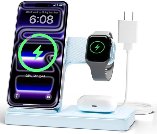 Estación de carga inalámbrica del soporte del cargador: Soporte de cargador 3 en 1, múltiples dispositivos para Apple - iPhone 17 16e 16 15 14 Pro