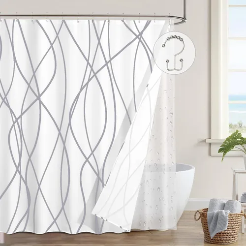 Miniatura 7 de ORTIGIA Cortina de ducha a rayas negras, cortina de baño de tela de poliéster impermeable de 72 x 72 pulgadas, con forro de PEVA y 12 ganchos