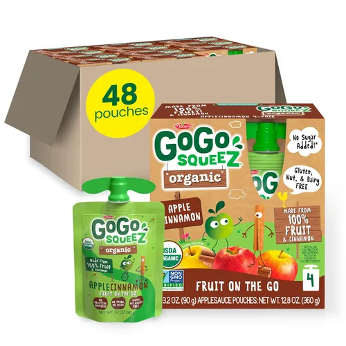 GoGo squeeZ Puré de manzana y fruta orgánico sin azúcar añadido, manzana y canela, bolsas de 3.2 onzas (paquete de 48), aperitivos de frutas para