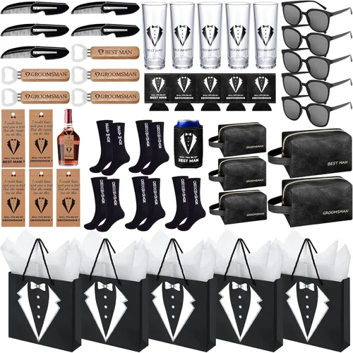 Miniatura 10 de 60 piezas de regalos para padrinos de boda, caja de propuesta para padrinos de boda con vasos de chupito, calcetines, gafas de sol, bolsa de aseo